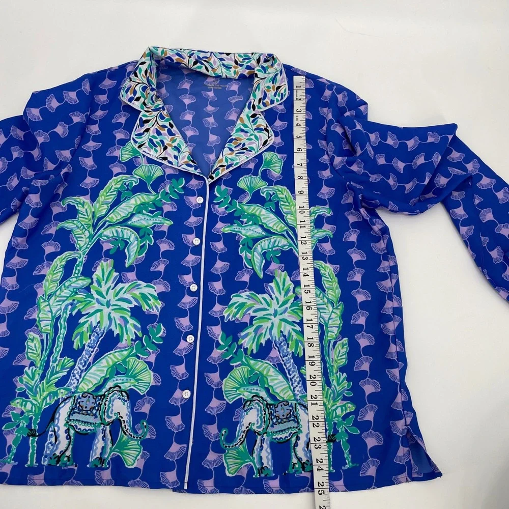 Lilly Pulitzer Winona PJ Top M Ginkgo Party Blue Purple Silky Satin Pajama Shirt
